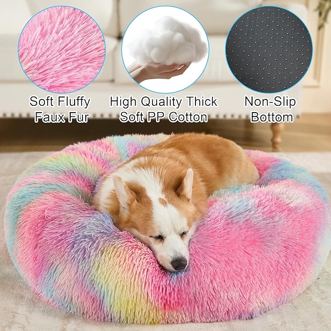 Dog Bed Calming Dog Beds for Small Medium Large Dogs - Round Donut Washable Puppy Dog Bed, Anti-Slip Faux Fur Fluffy Donut Cuddle Anxiety Cat Pet Bed(32'' Color)