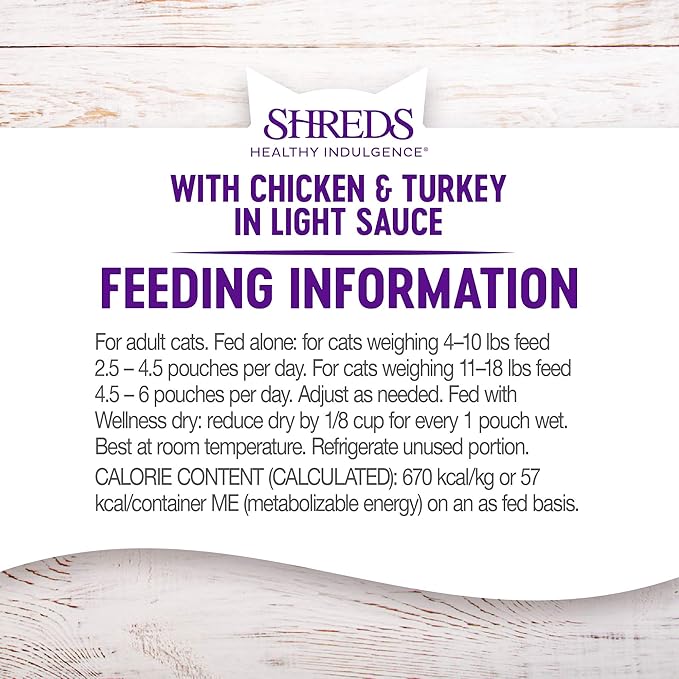 Wellness Healthy Indulgence Shreds Grain-Free Wet Cat Food, Made with Natural Ingredients and Quality Proteins, Complete and Balanced Meal, 3 oz Pouches (Chicken & Turkey in Light Sauce, 24 Pack)