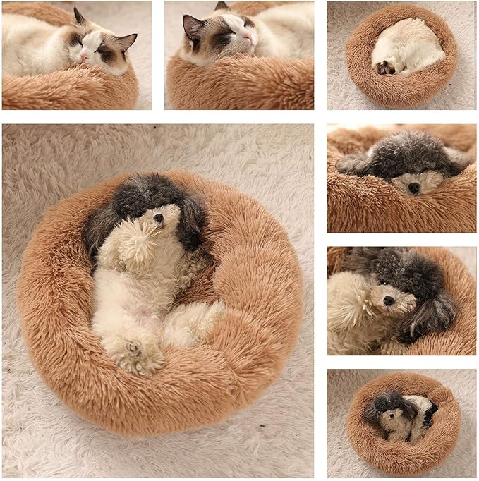Dog Bed Calming Dog Beds for Small Medium Large Dogs - Round Donut Washable Dog Bed, Anti-Slip Faux Fur Fluffy Donut Cuddler Anxiety Cat Bed(28'' Khaki