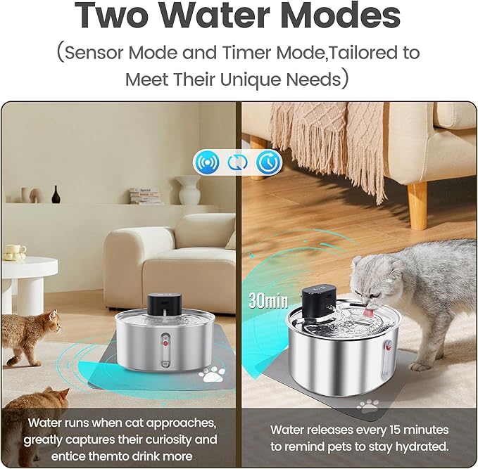 Pumpless Cat Water Fountain with 3 Filter - 3.2l/108oz Wireless Stainless Steel Pet Water Fountain, Cordless Automatic Dispenser, Battery Operated Fountain with Motion Sensor, Ultra Quiet