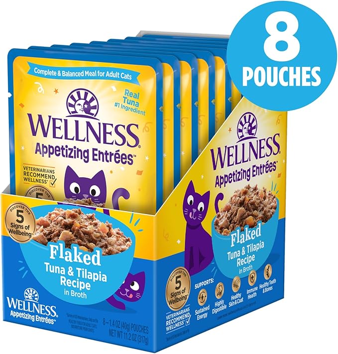 Wellness® Appetizing Entrées™ Flaked Tuna & Tilapia Recipe in Broth Natural Wet Cat Food, 1.4 oz Pouch (Pack of 8)