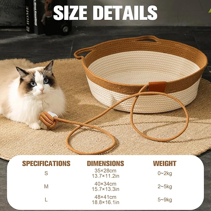 Hand Woven Cat Bed Basket Nest Round with Toy Tail, Natural Cotton Linen Cat Scratch Pad, Pet Sleeping Bed House Scratcher Scratch Mat Pad for Puppy Small Dogs Indoor Cat Summer (Small)