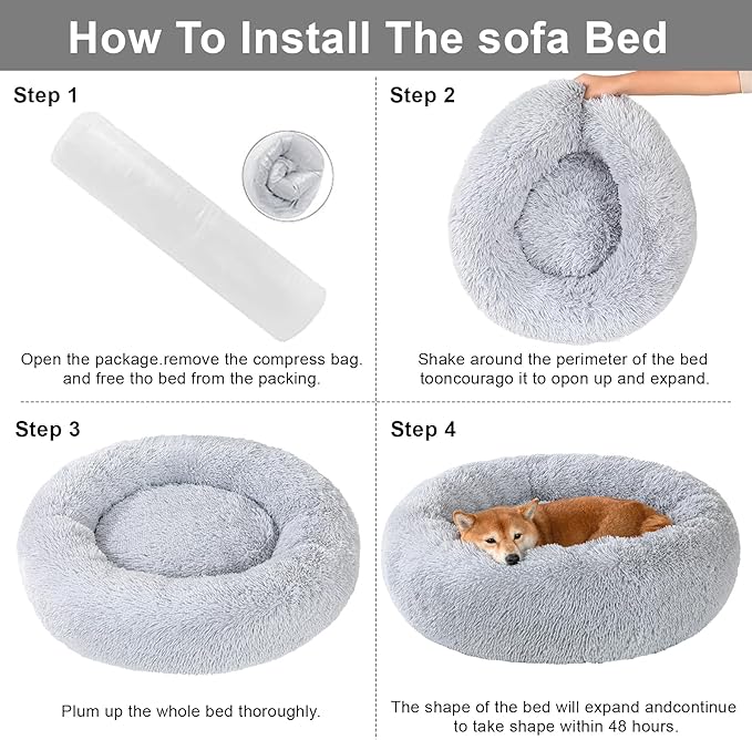 Dog Bed Calming Dog Beds for Small Medium Dogs - Round Donut Washable Dog Bed, Anti-Slip Faux Fur Fluffy Donut Cuddler Anxiety Cat Bed(Light Grey 16")