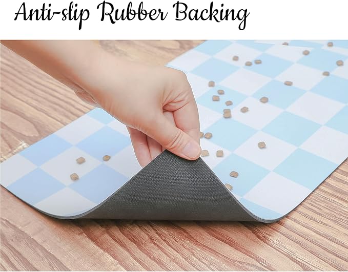 Ralxion Checkered Dog Feeding Mat, Absorbent Mats for Dog Food and Water Bowl, Dispenser, Retro Aesthetic Blue Checkerboard Pet Placemat for Dogs, Cats, Puppy Accessories, 12" X 19”