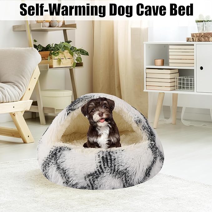 HYQ Small Dog Bed with Cover Cave, Cozy Cat Cave Bed, Round Puppy Bed with Hooded Cover, Cat Beds for Indoor Cats Washable, Dog Beds for Small Dogs with Anti-Slip Bottom (Grey-White, 24×24 Inch)