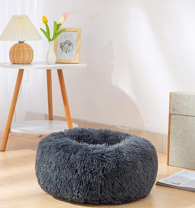 Calming Donut Dog Bed XL, Plush Round Cuddler Dog & Cat Cushion Bed, Anit-Anxiety Marshmellow Fluffy Faux Fur, Self-Warming Comfy Cozy Pet Bed (32", Deep Grey)