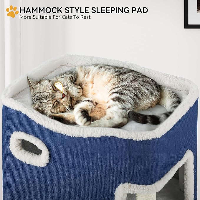 YITAHOME 2-Tier Cat House, Indoor Cat Cave Bed Playhouse, Cat Tunnels with Scratch Pad and Hideaway Cube, Cute Modern Cat Condo Furniture for Multi Small Cats, Extended (Blue)