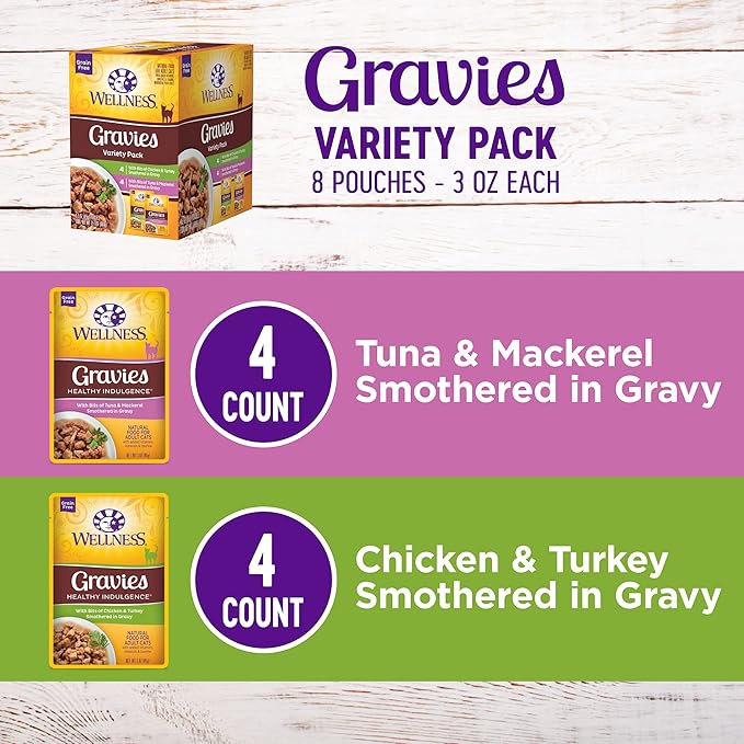 Wellness Healthy Indulgence Gravies Grain-Free Wet Cat Food, Made with Natural Ingredients and Quality Proteins, Complete and Balanced Meal, 3 oz Pouches (Gravies Variety Pack, 8 Pack)