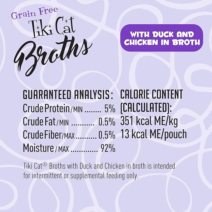 Tiki Cat Born Carnivore Broths, Duck & Chicken Recipe, Hydration and Flavor Supplement Cat Food Topper, 1.3 oz. Pouch (Pack of 12)