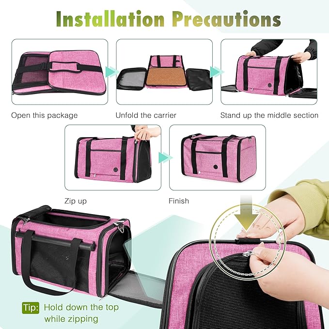 YUDODO 25 lbs Lightproof Pet Carriers Airline Approved Dog Cat Travel Soft Sided Carrier Reflective Mesh Safe Pet Cat Carrier Foldable Portable Small Animal Rabbit Puppy Cat Carrier Pink