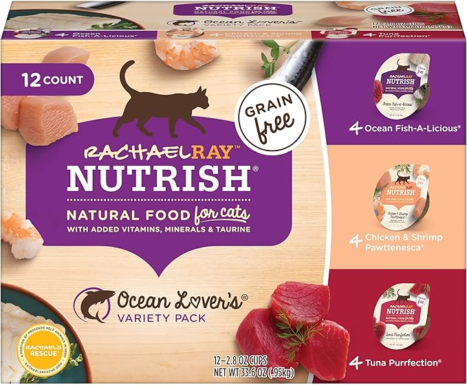 Nutrish Rachael Ray Natural Wet Cat Food with Added Vitamins, Minerals & Taurine, Ocean Lovers Variety Pack, 2.8 Ounce Cup (Pack of 12), Grain Free
