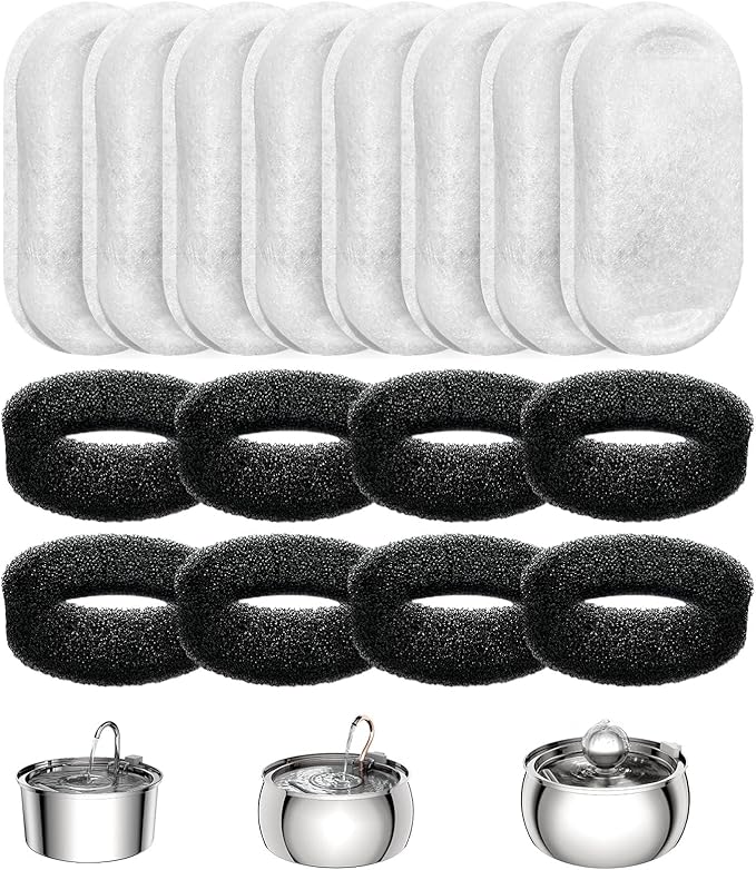 Official Tomxcute Cat Water Fountain Filters for 108oz/3.2L and 135oz/4.0L Adjustable Water Flow Pet Water Fountain, Ultra-Quiet Cat Water Fountain 8 Packs Filters & 8 Sponges Foam Filters