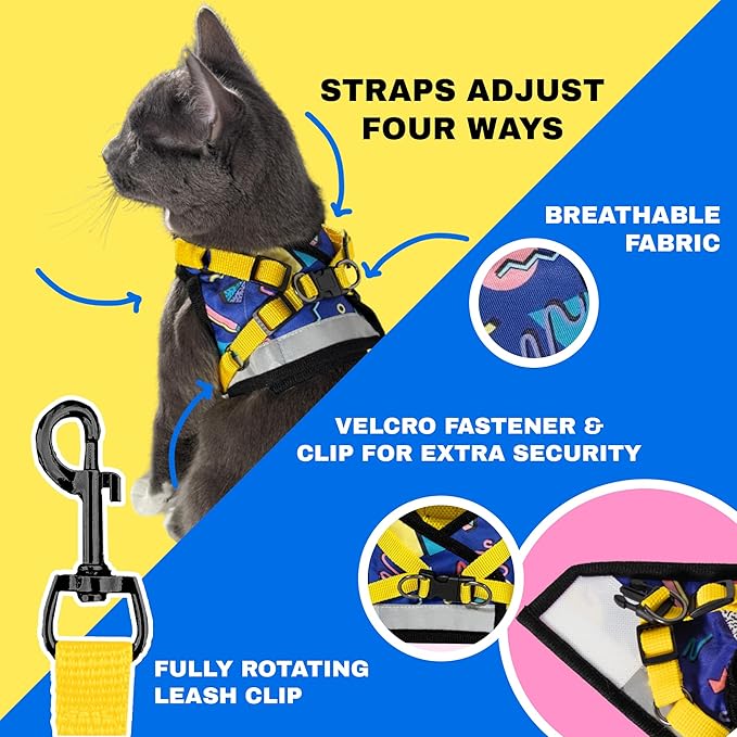 Travel Cat Harness and Leash Set - Adjustable Fit Mesh Cat Harness and Reflective Strap - Comfort Escape Proof Harness for Cats, Kitten for Outdoor Walking, Hiking (X-Small, 90s Cat)