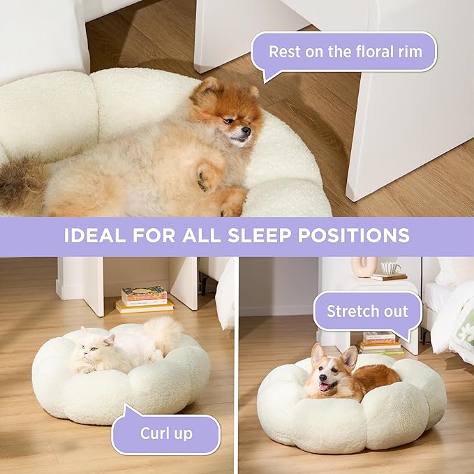 Lesure Calming Large Dog Bed - Flower Donut Round Fluffy Puppy Bed in Plush Teddy Sherpa, Non-Slip Cute Flower Dog Beds, Large Pet Bed Fits up to 100 lbs, Machine Washable, Cream 36"