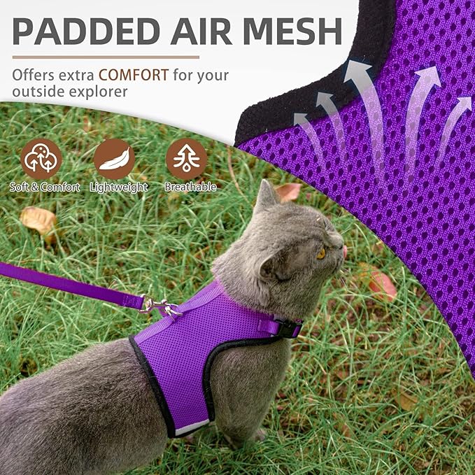 PUPTECK Soft Mesh Cat Vest Harness and Leash Set Puppy Padded Pet Harnesses Escape Proof for Cats Small Dogs, Purple Small