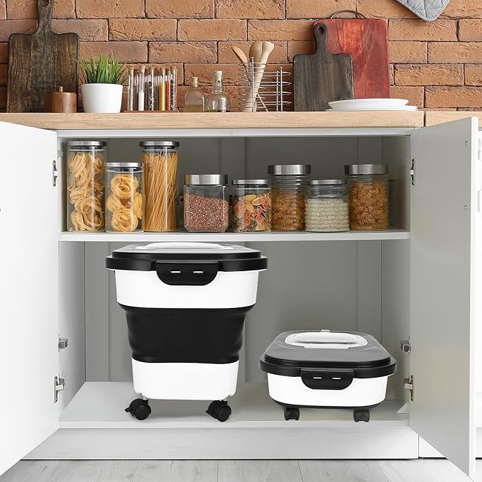 2 PCS Dog Food Storage Containers 15-20 Lbs Collapsible Dog Food Storage Container - with Measuring Cup &Scoop(black+black)