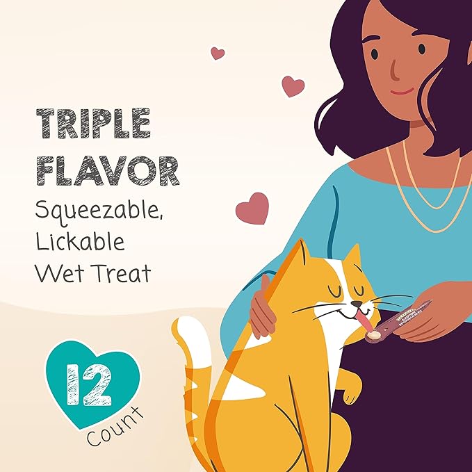 Savory Spoonables Variety Pack, 12 Count Tube, Triple Flavor Squeezable Lickable Wet Treats for Cats with Built-in Spoon for Less Mess