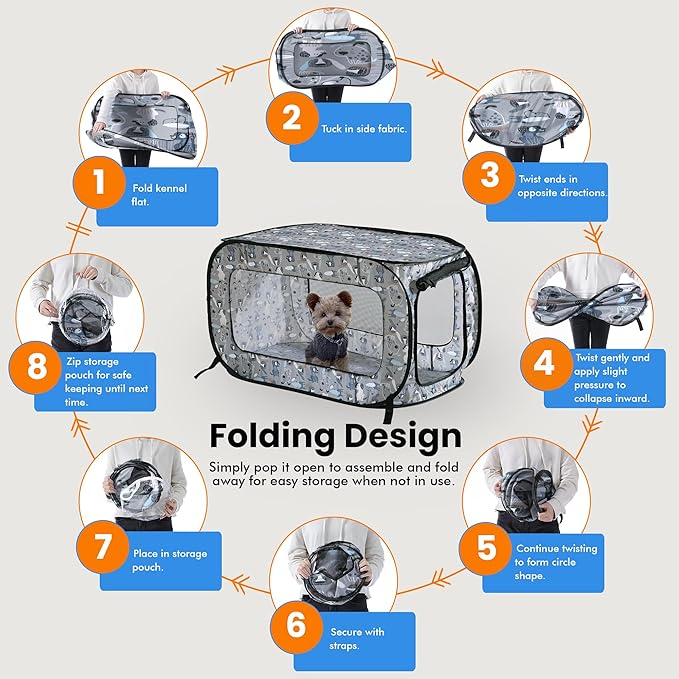 Beatrice Home Fashions Portable, Collapsible, Pop Up Kennel Travel Cat and Dog Crate, 32.5" L x 19.5" W x 19.5" H, Tail Waggers