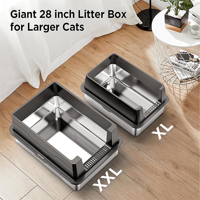 XXL Stainless Steel Cat Litter Box with Lid,28"x20"x12"Extra Large Litter Box-for Big Cats,Jumbo Litter Box High Sided, Never Absorbs Odors, Anti-Urine Leakage, Easy Cleaning, Include Scoop