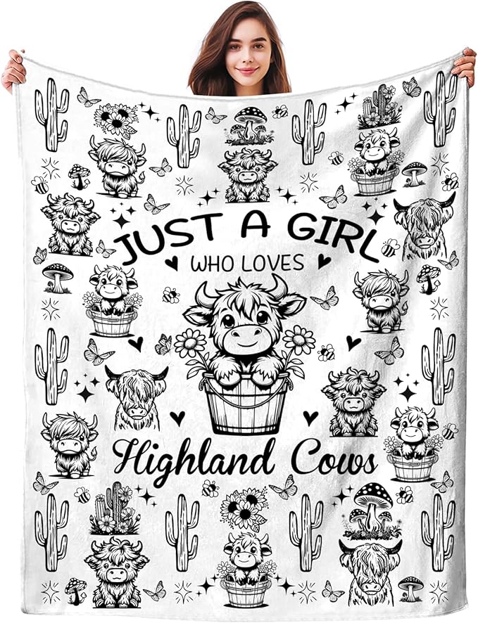 Highland Cow Gifts Sunflower Highland Cow Print Blanket Throw Plush Stuff Cute Animal Butterfly Gifts for Girls Kids Women Adults Highland Cow Lovers Birthday Decorations 50"X40"