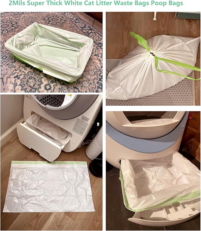 100 Count Cat Drawstring Litter Box Liners 26.6x16.7 inches 2Mils Super Thick White Cat Litter Waste Bags Poop Bags for the litter robot 4, 3 Cat Litter Pan Trays (Blue Drawstring 100 count)