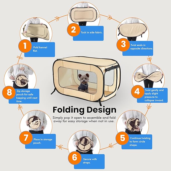 Beatrice Home Fashions Portable, Collapsible, Pop Up Kennel Travel Cat and Dog Crate, 32.5" L x 19.5" W x 19.5" H, Beige