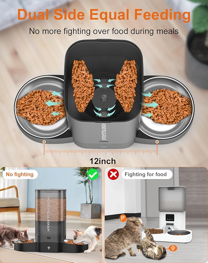 HoneyGuaridan 5L Automatic Cat Feeder for Two Cats, 2.4G WiFi Enabled Smart Feed Pet Feeder with Stainless Steel Bowl,APP Control Dispenser, Dual Power Supply,Desiccant Bag,10s Meal Call
