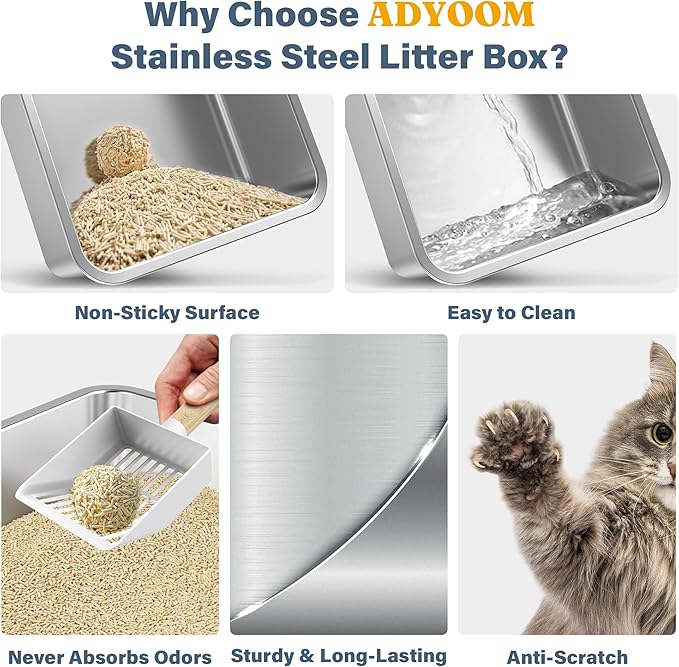 1Pack 23.6" x 16" x 6" Deep&Extra Large Stainless Steel Cat Litter Box, High Sides Metal Cat Litter Box for Multi-Cats Big Cats XL Metal Litter Pan Tray, Non-Sticky, Easy Cleaning