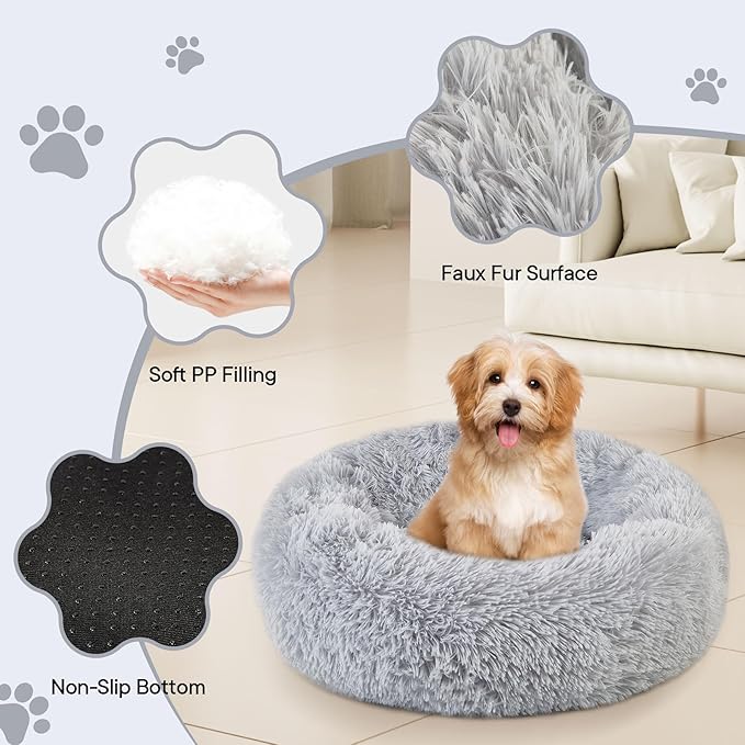 Calming Round Cute Cat & Dog Bed, Anti-Slip Washable Cozy Soft Round Pet Bed, Fluffy Faux Fur Plush Dog Cuddler Bed Fits up to 5 lbs Dogs and Cats(Donut Light Grey, 16inch x 16inch)