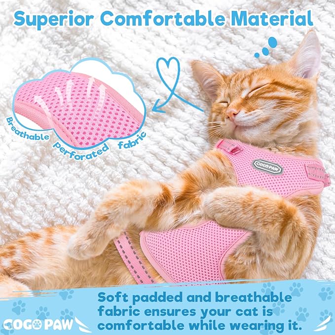 Cat Harness and Leash Set for Walking, Escape Proof Soft Vest Harness for Cats, Adjustable Reflective Kitten Harness for Small Medium Large Cats, Breathable Kitty Harness, Pink S
