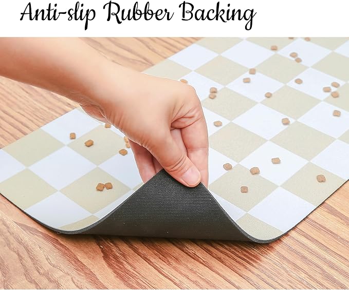 Ralxion Checkered Dog Feeding Mat, Absorbent Mats for Dog Food and Water Bowl, Dispenser, Retro Aesthetic Beige Khaiki Checkerboard Pet Placemat for Dogs, Cats, Puppy Accessories, 16" X 24”
