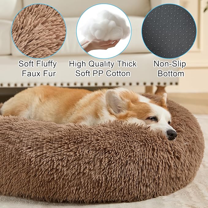 Dog Bed Calming Dog Beds for Small Medium Large Dogs - Round Donut Washable Puppy Dog Bed, Anti-Slip Faux Fur Fluffy Donut Cuddle Anxiety Cat Pet Bed(16'' Khaki