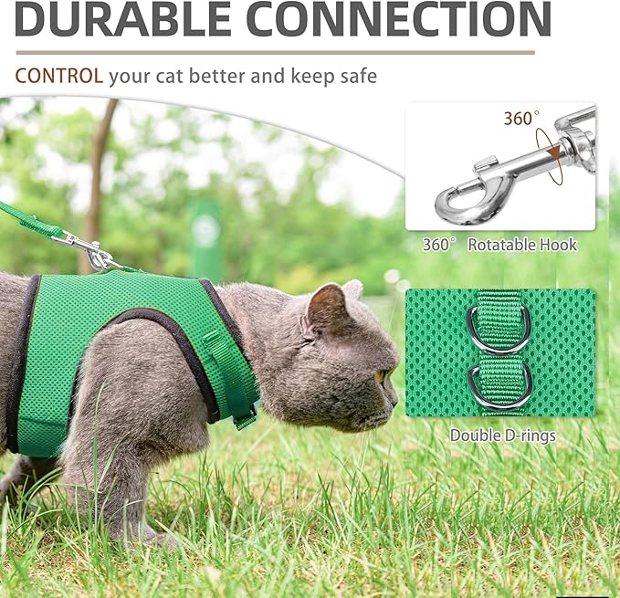 PUPTECK Soft Mesh Cat Vest Harness and Leash Set Puppy Padded Pet Harnesses Escape Proof for Cats Small Dogs Rabbits Bunny, Deep Green Medium