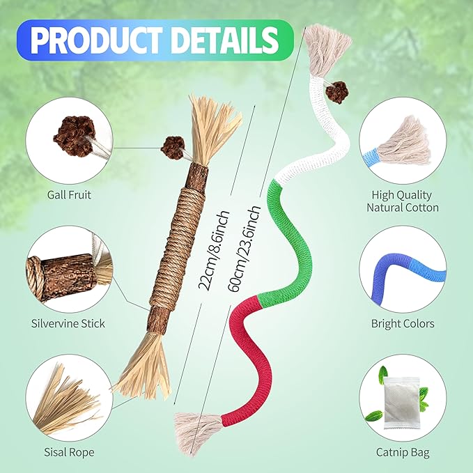 4 Pcs Cat & Kitten Chew Toy, Cat Toys Chew Ropes and Silvervine Cat Chew Sticks with Refillable Natural Catnip Bag for Teeth Cleaning, Safe Interactive Cat Toys for Indoor Cats