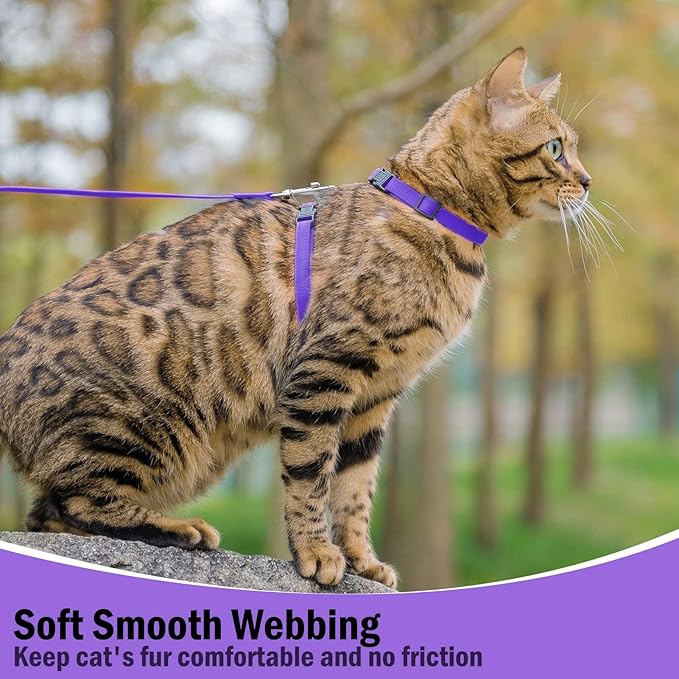 PUPTECK Adjustable Cat Harness and Leash Set Escape Proof Kitten Strap Collar for Walking Travel, Purple, M