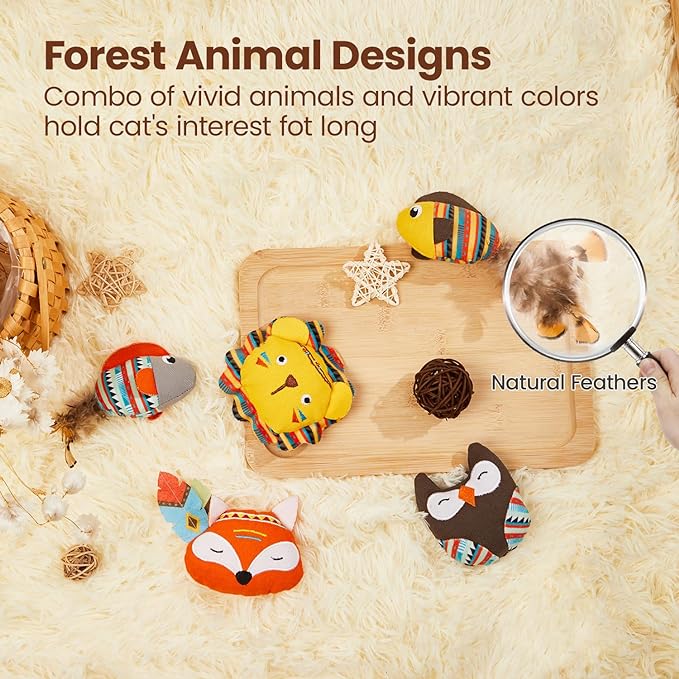 Potaroma Cat Toys Jungle Animals, 5 Pack Bite Resistant Catnip Toys, Interactive Cat Kicker Toys for Indoor Cats, Promotes Kitten Exercise, 3.5 Inches