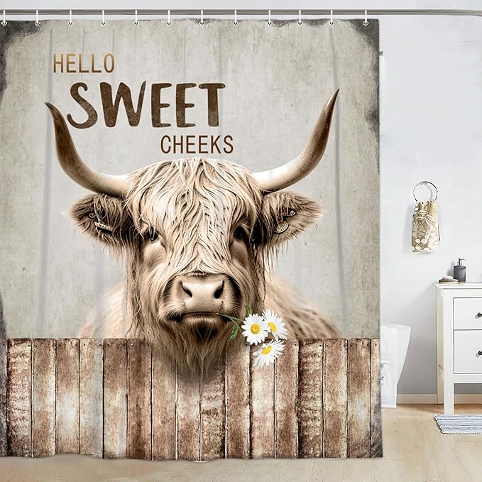 Highland Cattle Cow Bull Shower Curtains,Farmhouse Animal Rustic Country Shower Curtain for Bathroom,Western West Fabric Shower Curtain Set with Hooks Bath Decoration 72X84inches