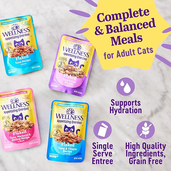 Wellness® Appetizing Entrées™ Flaked Tuna & Tilapia Recipe in Broth Natural Wet Cat Food, 1.4 oz Pouch (Pack of 8)