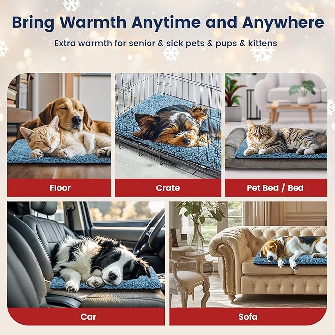 Miguel Self Heating Dog Bed 36 x 24 inch Self Warming Dog Mat Extra Warm Thermal Crate Pad with Removable Washable Sherpa Cover Non-Slip Bottom Indoor Outdoor for Small Medium Pet (Blue,L)