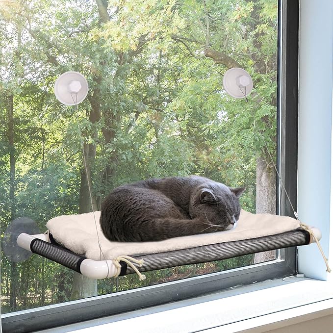 ZALALOVA Cat Perch, Cat Window Seat Large Sturdy Cat Bed Fleece Blanket 2024 Latest Screw Suction Cups Cat Resting with Blanket(Brown)
