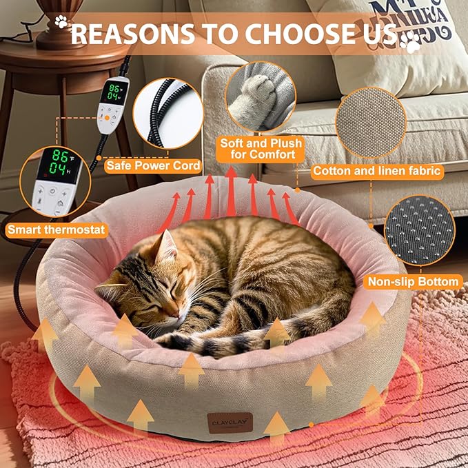 Heated Cat Bed,Round Heated Cat Bed for Indoor Cats, 20" Cozy Washable Heated Cat Bed with Timer & Temperature Adjustable,Non-Slip Bottom,Removable,Pet Heating Pad with Waterproof