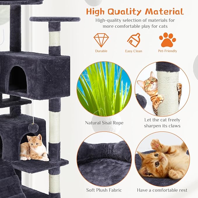 Sweetcrispy 54-Inch Cat Tree Tower – Multi-Level Cat Tower with Sisal Scratching Post, Perfect Cat Gift, Indoor Cat Tree with Condo, Climbing Ladder, Plush Toy, and More Cat Stuff,Grey
