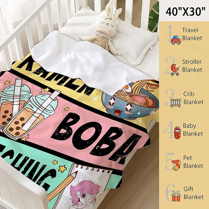 Anime Blanket Gifts for Girls Kawaii Anime Decor for Women Anime Ramen Boba Sketching Flannel Blanket Anime Lover Stuff, Luxurious Warm and Cozy for M 50X60 Inch for Teen/Travel