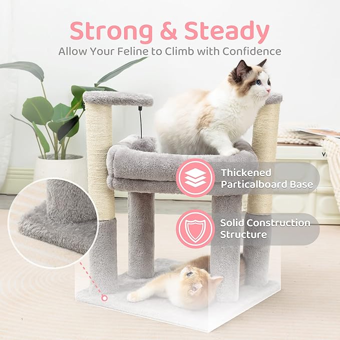 Made4Pets Cat Tree for Indoor Cats, Cat Tower with 2 Natural Sisal Scratching Post for Kitten, Kitty Cat Bed with Pom-pom Dangling Balls, Grey, DIY