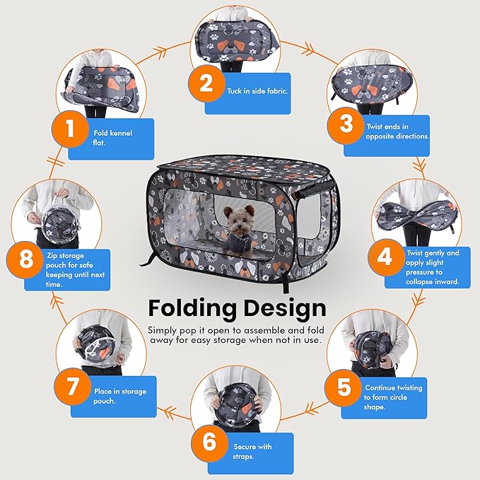 Beatrice Home Fashions Portable, Collapsible, Pop Up Kennel Travel Cat and Dog Crate, 32.5" L x 19.5" W x 19.5" H, Face of Love