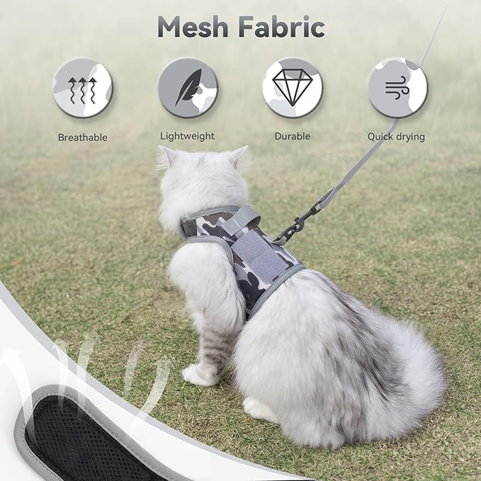 Tactical Cat Harness and Leash for Walking Escape Proof Breathable Mesh Fabric, City Camo, Medium, Adjustable Cat Walking Jackets, Padded Stylish Cat Vest