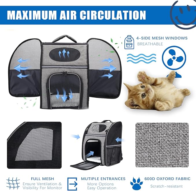 FluffyDream Cat Backpack, Dog Carrier Backpacks, Foldable Backpack, Ventilated Design, Up to 15.4 lbs, Backpack for Camping Traveling Hiking Outing, Grey, Black, Large (PTCARIERBACKPK01GV1)