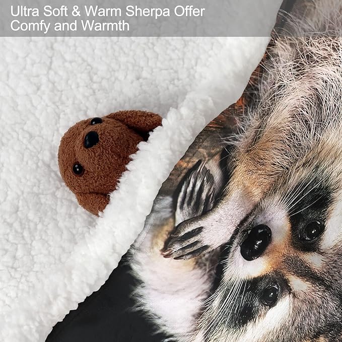 Raccoon Sherpa Blanket, Animal Print Fleece Throw Blankets for Couch Sofa Bed, Super Soft Warm and Lightweight, 60" x 80"