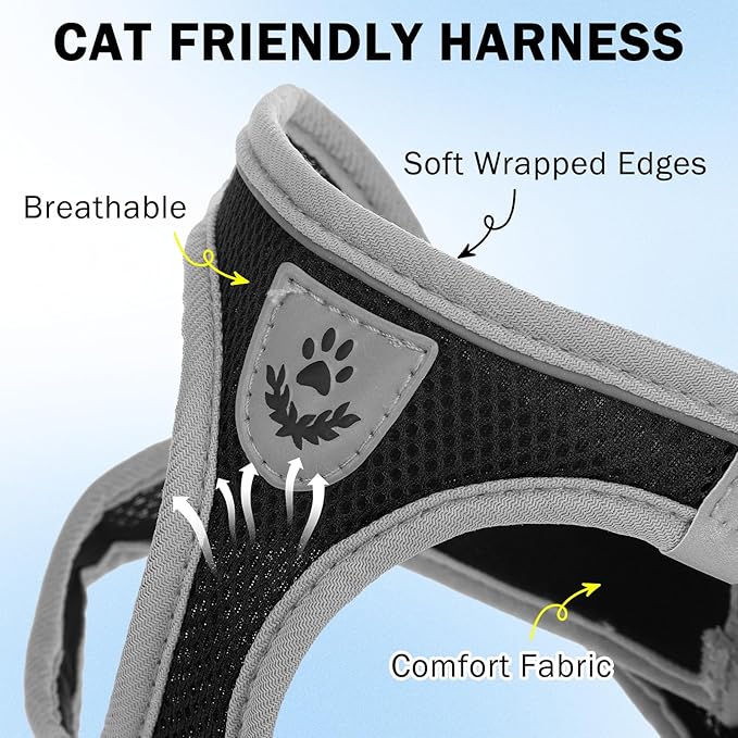 SCENEREAL Cat Harness and Leash Set Escape Proof, Adjustable Soft Air Mesh Kitten Harnesses for Girls Boys Small Medium Big Cats, Reflective Light Travel Pet Walking Vest for Puppy Rabbit, Black L