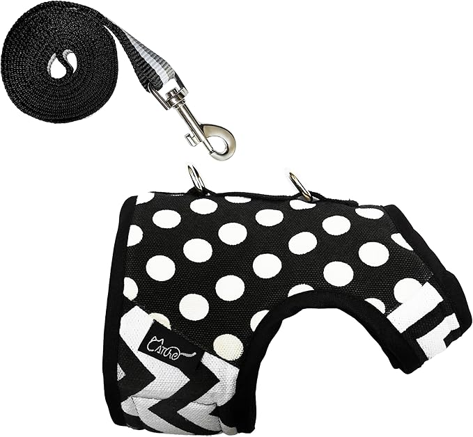 Cat Harness and Leash for Walking Escape Proof, Adjustable Cat Vest Harness, Padded Stylish Cat Walking Jackets, Polka Dot Black, Large